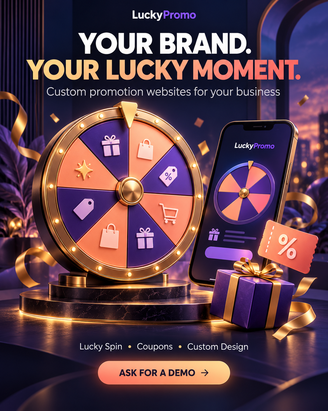 LuckyPromo conceptual promotion poster featuring a wheel, gifts and phone